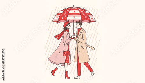 Romantic couple walking under umbrella in rain. Flat design vector illustration of man and woman on a date. Love and autumn weather concept