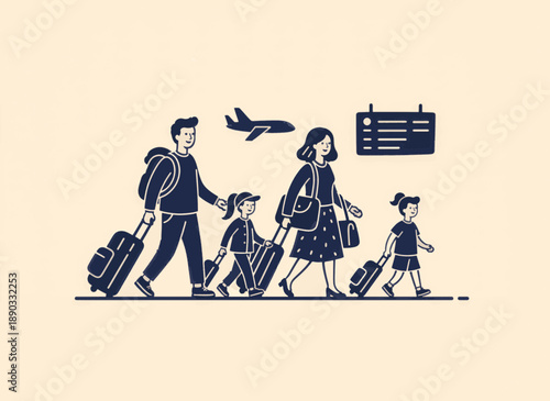 Family traveling at airport with luggage. Parents and children walking to flight. Flat vector illustration