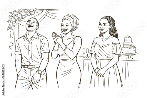African friends celebrating at wedding reception, vector illustration