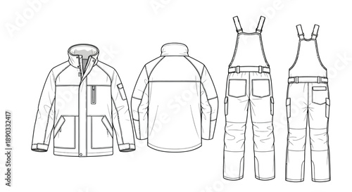 Technical drawing of ski jacket and bib pants front and back views shown