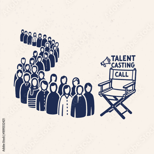 Talent casting call concept with long queue of people. Hand drawn director chair and waiting crowd. Vector sketch illustration