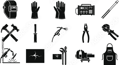 Collection of Professional Welding and Metalworking Tool Silhouettes Featuring Helmet Gloves Hammers Pliers Welding Torch Vise and Protective Apron for Industrial Workshop and Fabrication Design