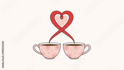 Two coffee cups with heart shaped steam. Romantic flat design vector illustration. Valentine's day and love concept. Pink floral mugs isolated on light background