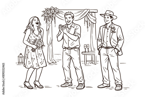 Young friends laughing at outdoor wedding party, vector illustration