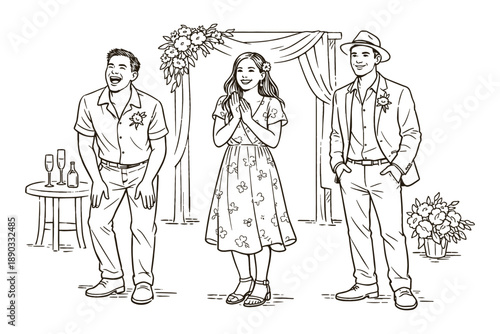 Friends enjoying wedding ceremony outdoors, vector illustration