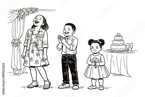 Happy African kids at wedding celebration, character vector illustration