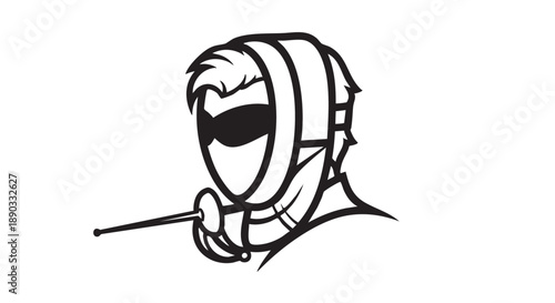 Illustration of a fencer wearing protective gear and holding a fencing sword, depicted in a minimalist black and white style