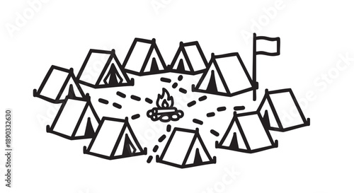 Camping scene with tents gathered around a central campfire in an outdoor setting viewed from above