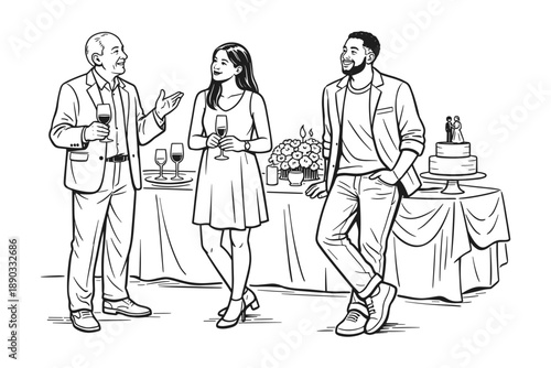 Multiracial guests talking at wedding reception, vector illustration
