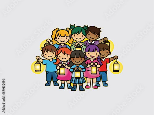 Diverse Children Holding Lanterns Together.