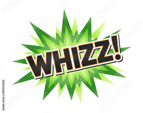 Dynamic Whizz text with vibrant green comic burst effect symbolizing speed quickness and energy