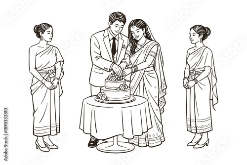 Indian couple cutting wedding cake with bridesmaids, vector illustration