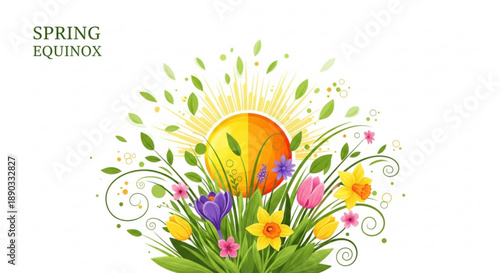 Vibrant spring flowers bloom under sunny sky with green leaves and colorful blossoms