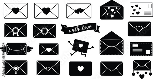 Collection of Romantic Envelope Vector Silhouettes Featuring Heart Seals Winged Letters and Love Notes for Valentine's Day Greeting Cards Wedding Invitations and Digital Stationery Branding