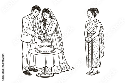 Indian couple cutting wedding cake with guest, vector illustration