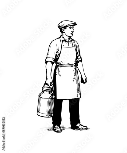 Vintage milkman delivering dairy products holding churn hand drawn sketch