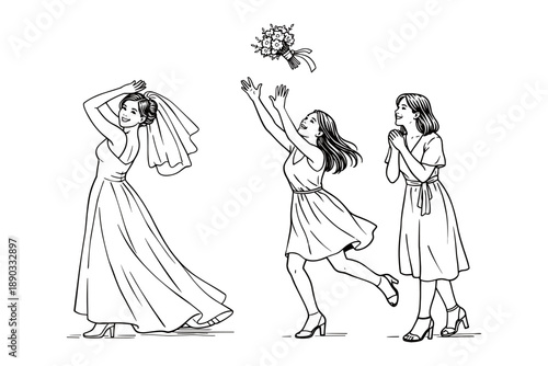 Bride throwing bouquet to bridesmaids, wedding tradition, vector illustration