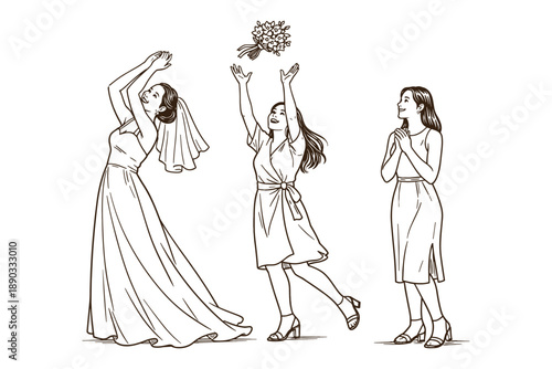 American bride throwing bouquet at wedding party. Vector illustration