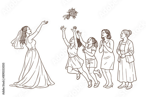 Bride tossing bouquet to mixed age female guests. Wedding vector illustration