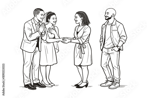 African American newlyweds greeting guests. Wedding vector illustration