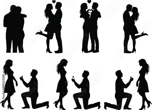 Collection of Romantic Silhouettes Featuring Men Kneeling for Marriage Proposals Couples Hugging and Kissing for Valentine's Day Engagement Party Invitations and Wedding Graphic Design Projects