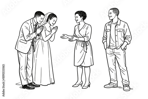 African American couple receiving greetings at wedding. Vector illustration