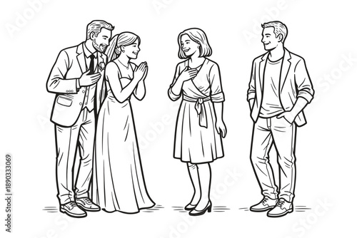 Caucasian bride and groom greeting wedding guests. Vector illustration