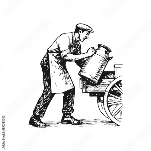 Milkman delivering fresh milk in vintage cart