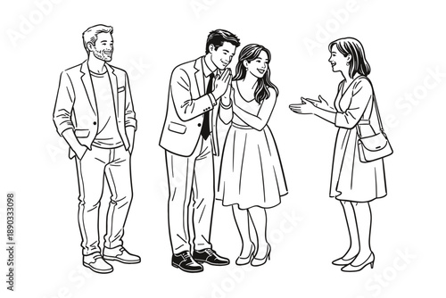 Caucasian couple receiving congratulations from wedding guests. Vector illustration