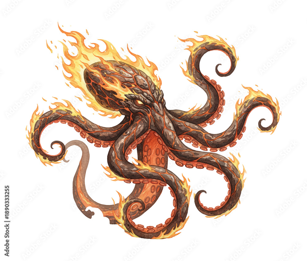 Obraz premium Menacing fiery octopus creature burning intensely with glowing eyes and powerful tentacles emerging from smoke