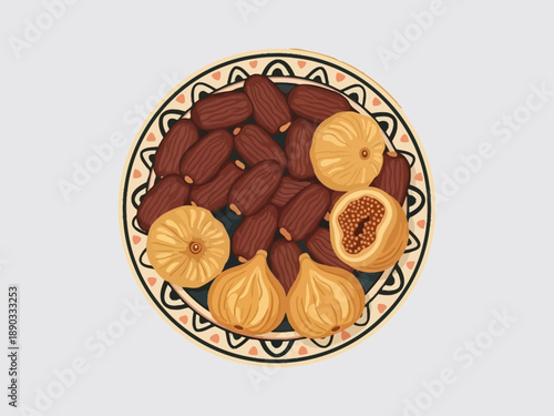 Dried Figs and Dates on Decorative Plate.