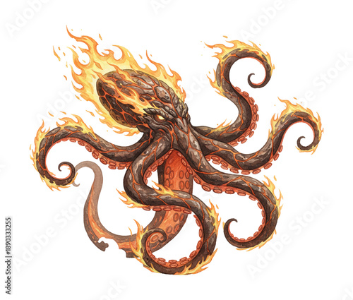 Menacing fiery octopus creature burning intensely with glowing eyes and powerful tentacles emerging from smoke