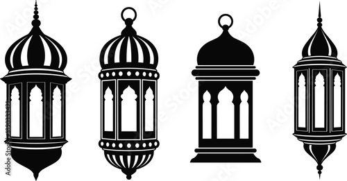Collection of Traditional Arabic Lantern Silhouettes with Intricate Ornate Details for Ramadan Kareem, Eid Al-Fitr Celebration, Islamic Cultural Branding, and Decorative Middle Eastern Graphic Design