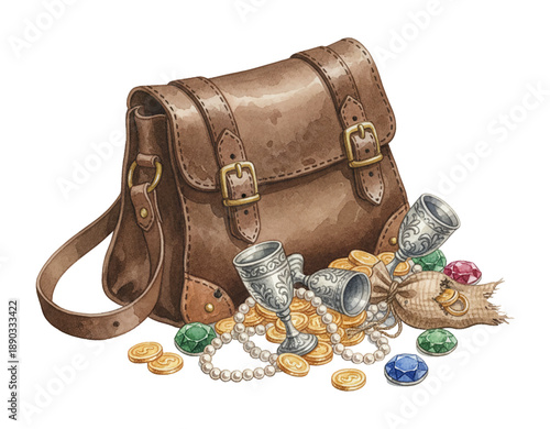 Brown leather satchel filled with shiny gold coins pearl necklaces and colorful gemstones