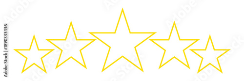 Minimalist Set of Five Thin Golden Outlined Stars for Five Star Rating Concept and Premium Quality Customer Review on White Background.