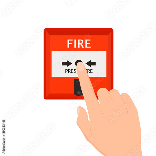Finger pressing the emergency fire alarm button, critical alert activation