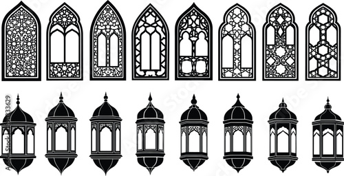Collection of Traditional Arabic Window Arches and Lantern Silhouettes with Intricate Ornate Patterns for Ramadan Kareem, Eid Celebrations, Islamic Culture, and Middle Eastern Graphic Design
