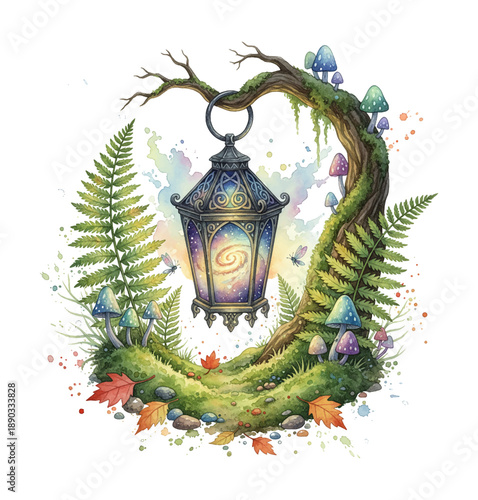 Magical forest lantern glowing with galaxy from a mossy tree branch surrounded by ferns mushrooms autumn leaves watercolor