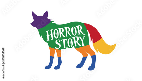 A colorful wolf wearing a green shirt with horror story text