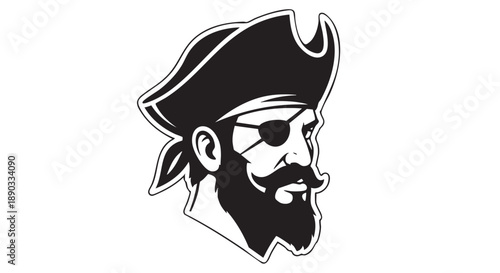 Illustration of a pirate captain's profile with bandana and eyepatch in a classic black and white design