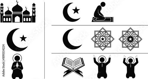 Comprehensive Collection of Islamic Icon Silhouettes Featuring Mosque Holy Quran Prayer Beads Crescent Moon and Praying Figures for Ramadan Kareem Eid Celebrations and Religious Branding