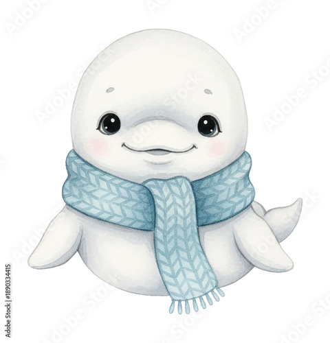 Cute baby beluga whale wearing a blue knitted scarf smiling happily on a white background illustration