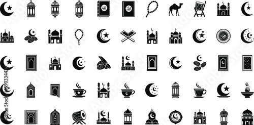 Comprehensive Collection of Islamic Icon Silhouettes Featuring Mosque Minaret Holy Quran Crescent Moon Prayer Beads Camel and Ramadan Lantern for Religious Branding and Cultural Graphic Design