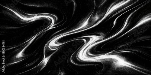 Artistic flowing black satin and white silk fabric background with liquid wave patterns and blue light motion curves for a textile wallpaper design