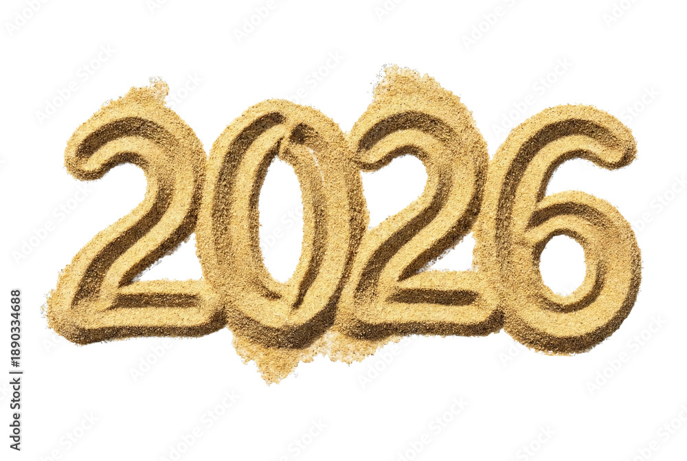 Fototapeta premium The year 2026 rendered in textured sand, transparent background