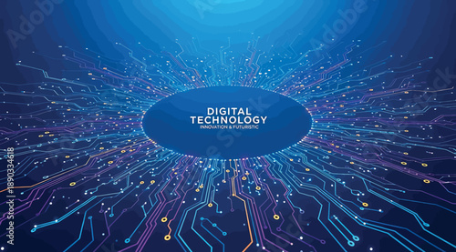 "Futuristic Digital Interface Featuring Converging Lines and Nodes Radiating from a Central Circle Labeled 'Digital Technology,' Symbolizing Connectivity, Information Flow, and Innovation in the Tech 