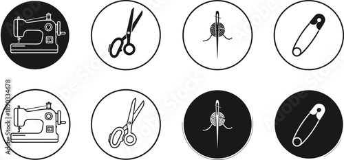 Black and white circular vector icon set featuring a sewing machine scissors needle with thread and safety pin