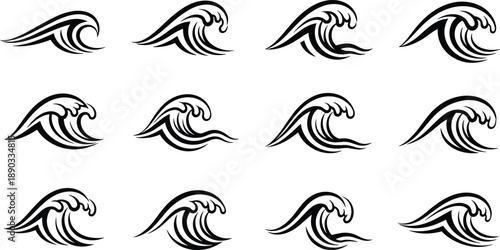 Collection of black stylized wave icons in various dynamic forms and orientations waves ocean wave