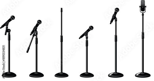 Black and white vector icon set featuring various professional microphones on stands for stage performance and studio recording