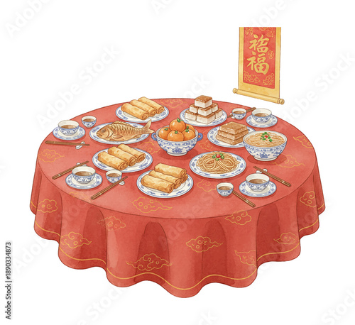 A vibrant Chinese New Year feast with traditional dishes including fish spring rolls and noodles on a red table
